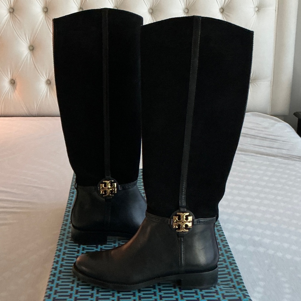 Tory Burch Black Heeled Boots with Gold Accent